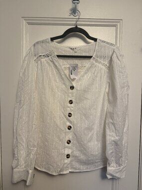 NWT White Boho-Inspired Button Down Blouse with Details